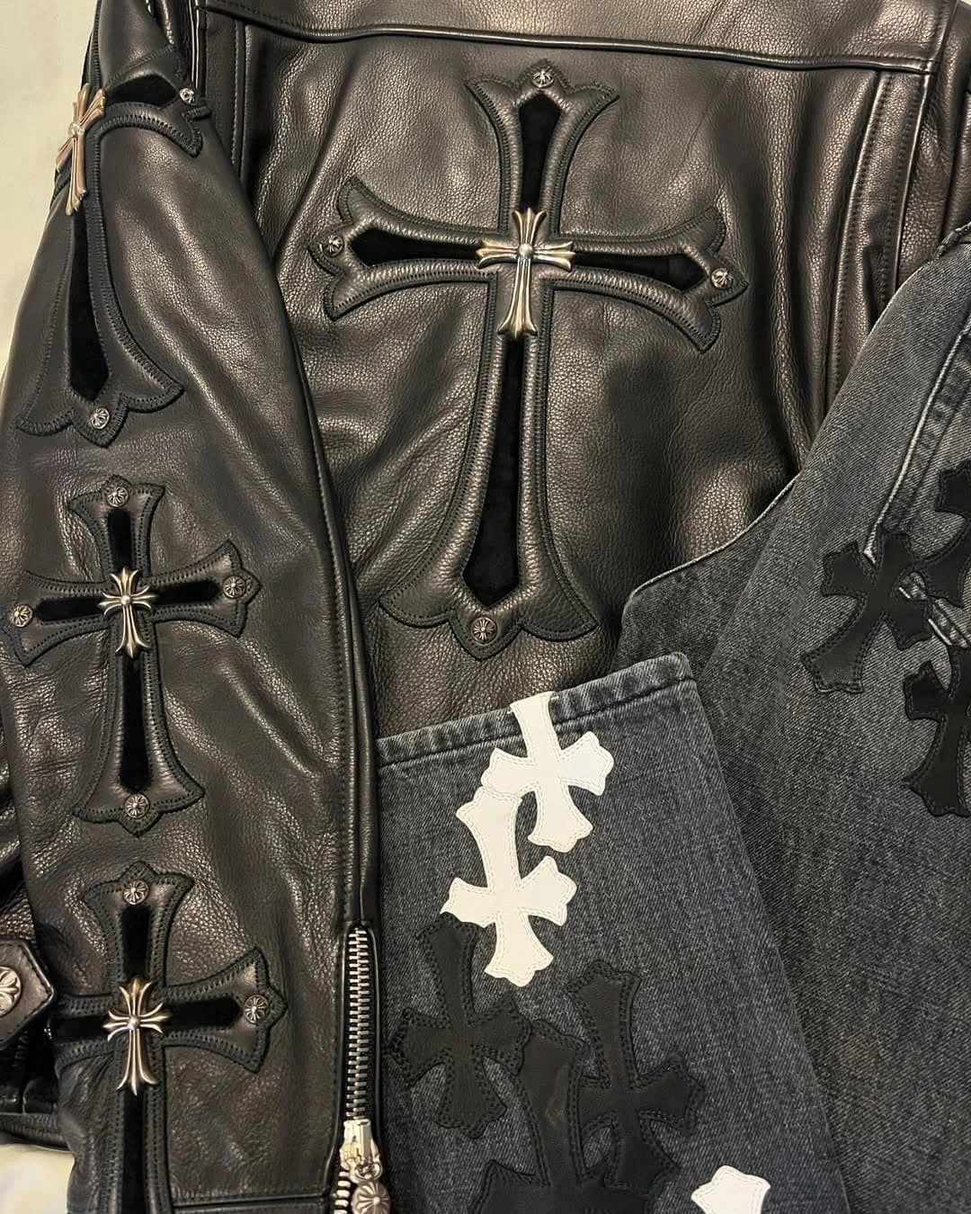 Gothic Cross Embellished Premium Leather Biker Jacket