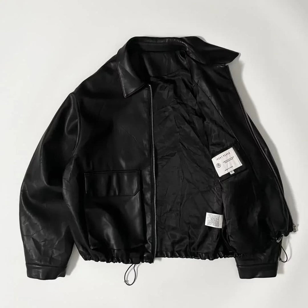 Black leather (or faux-leather) bomber-style jacket