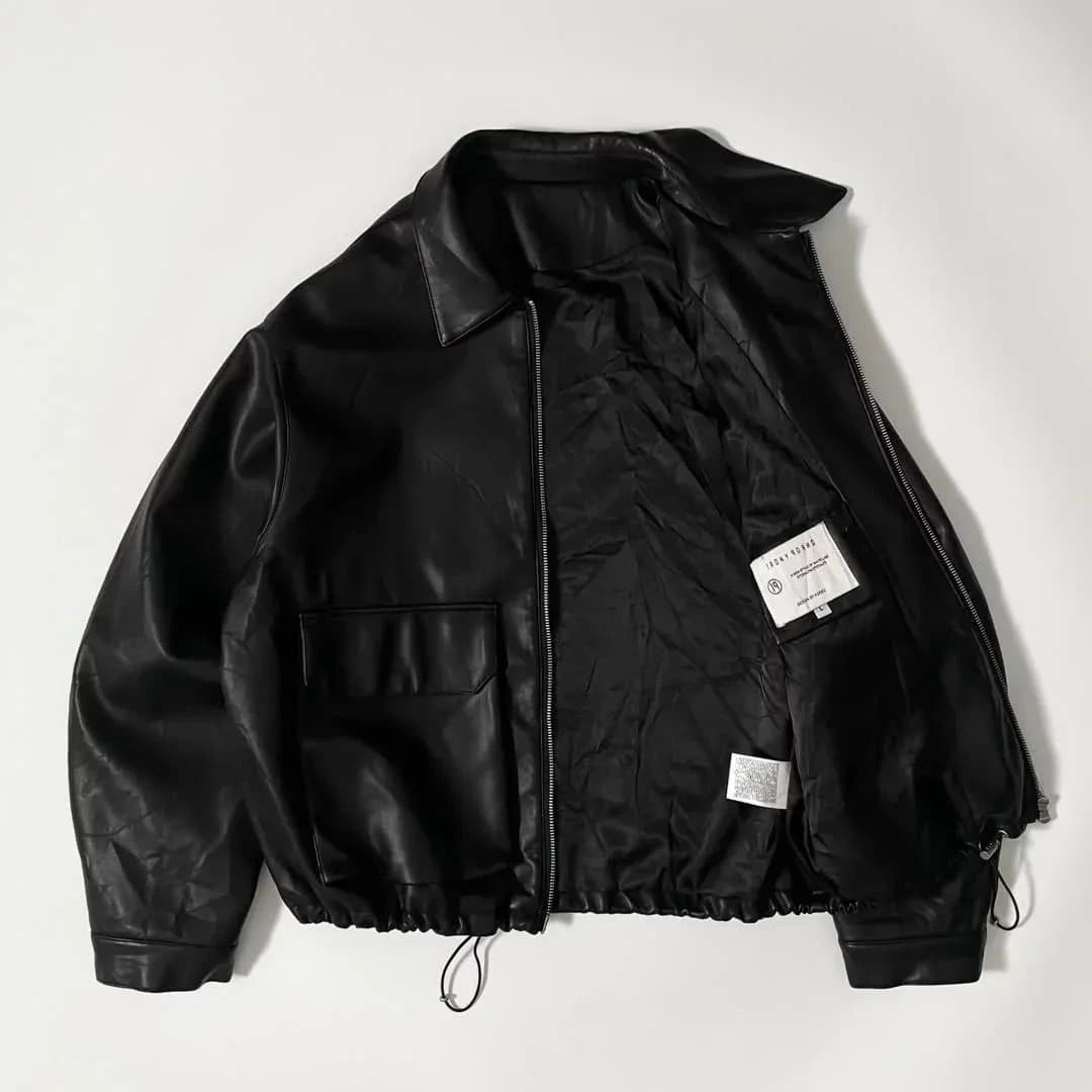 Black leather (or faux-leather) bomber-style jacket
