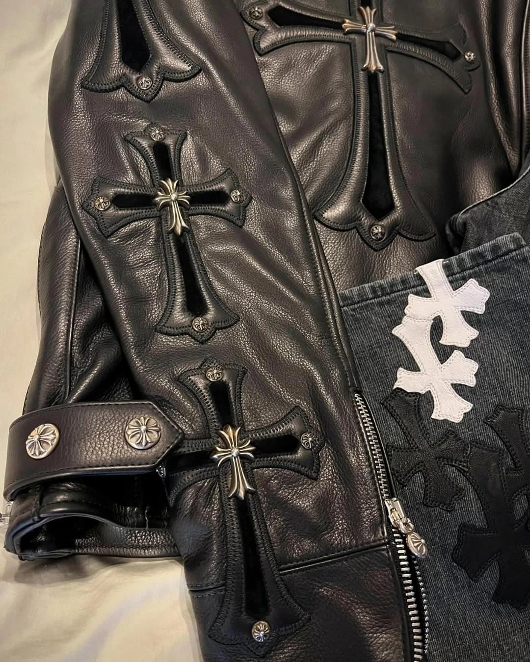 Gothic Cross Embellished Premium Leather Biker Jacket