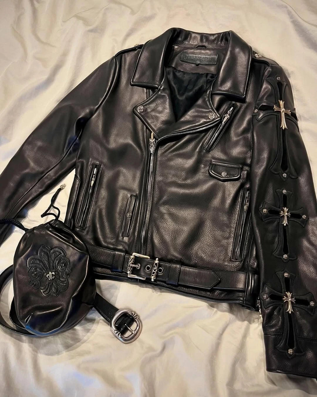Gothic Cross Embellished Premium Leather Biker Jacket