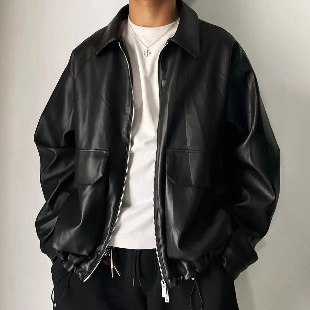 Black leather (or faux-leather) bomber-style jacket