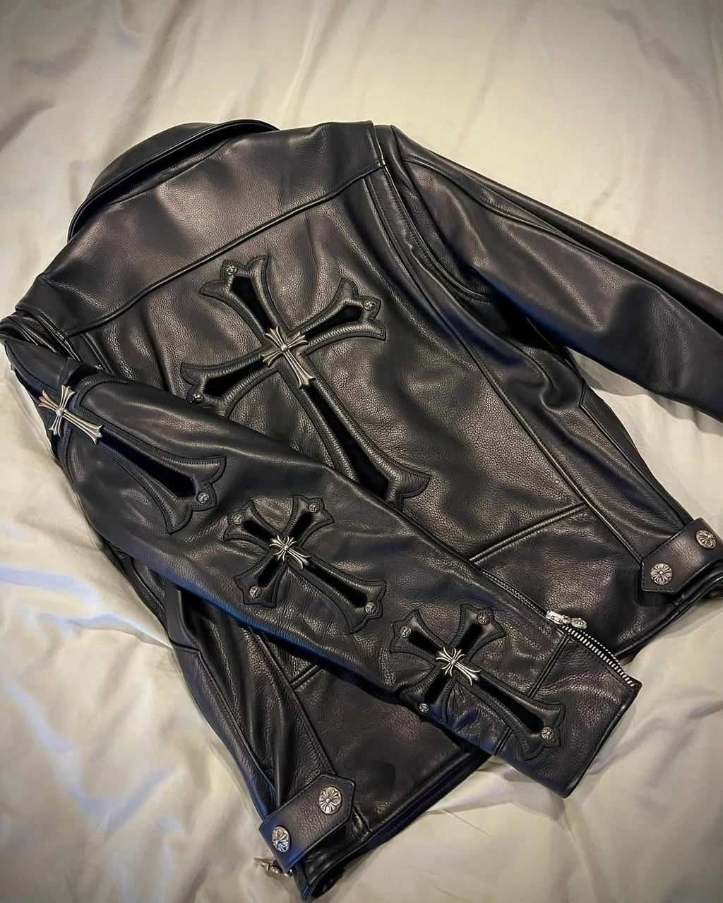 Gothic Cross Embellished Premium Leather Biker Jacket