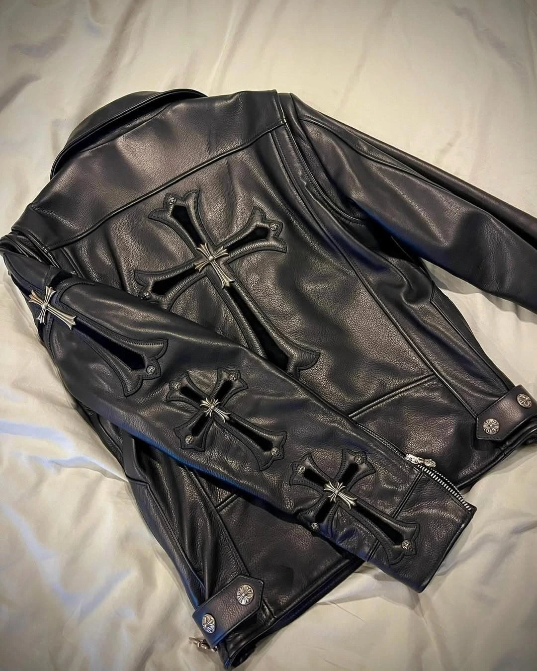 Gothic Cross Embellished Premium Leather Biker Jacket