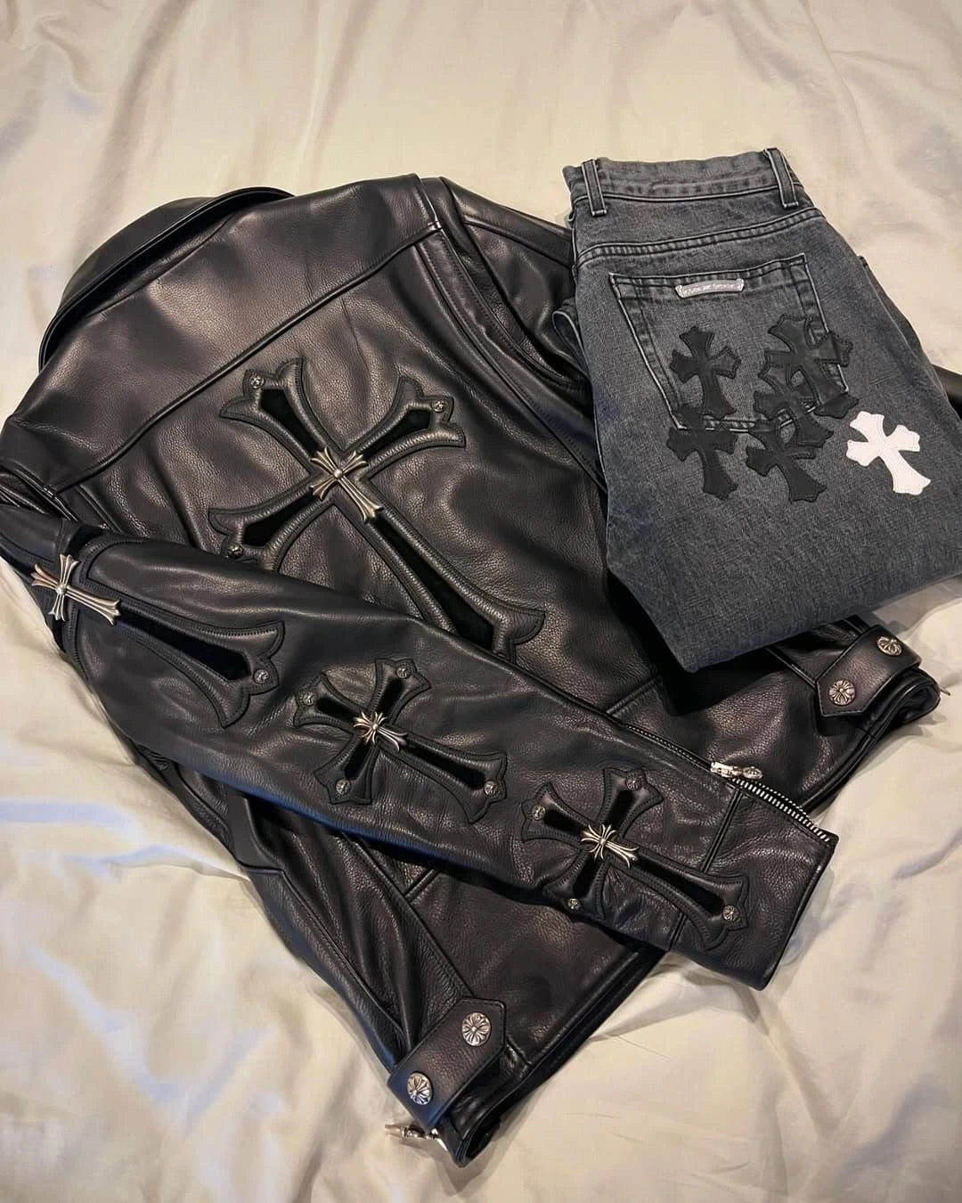 Gothic Cross Embellished Premium Leather Biker Jacket