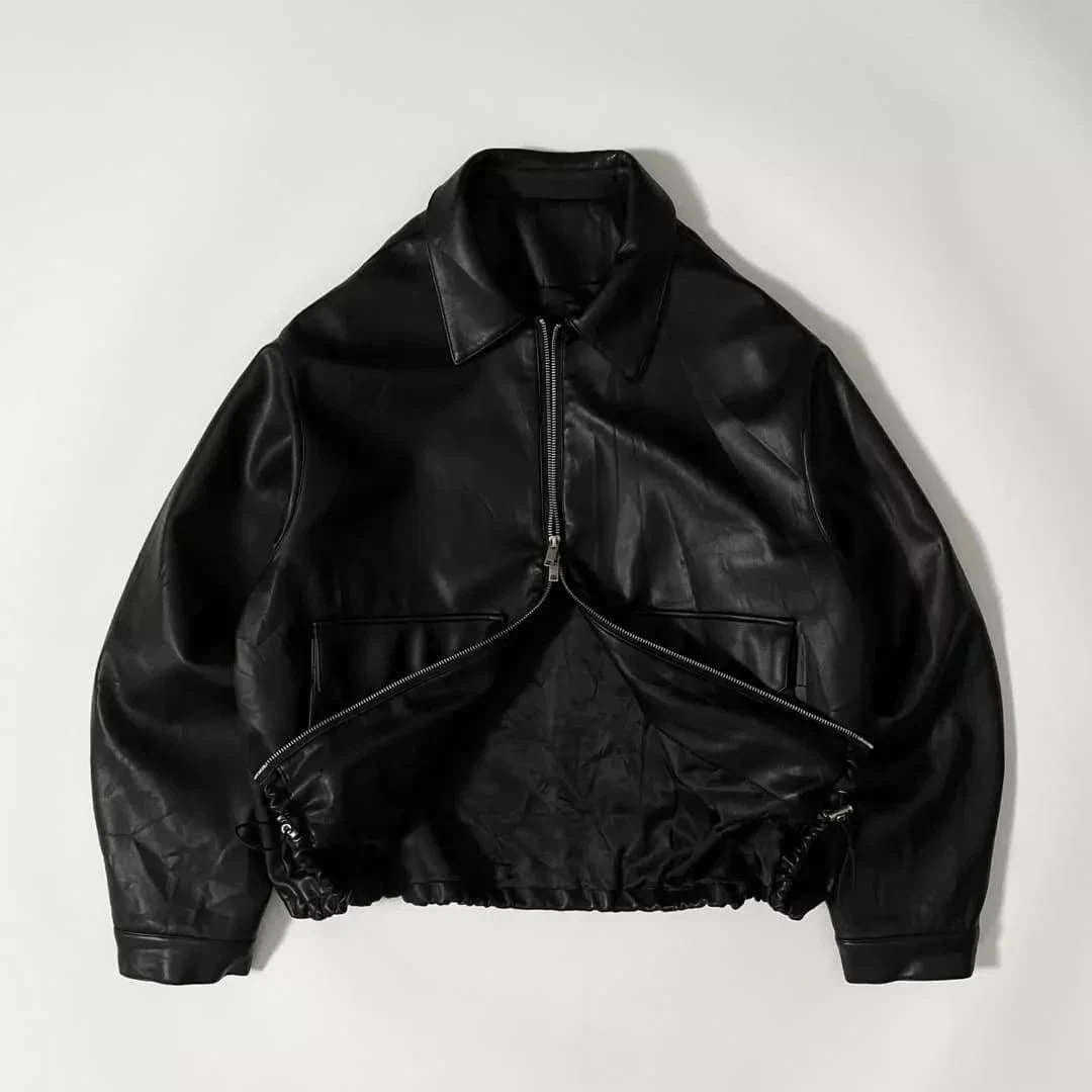 Black leather (or faux-leather) bomber-style jacket
