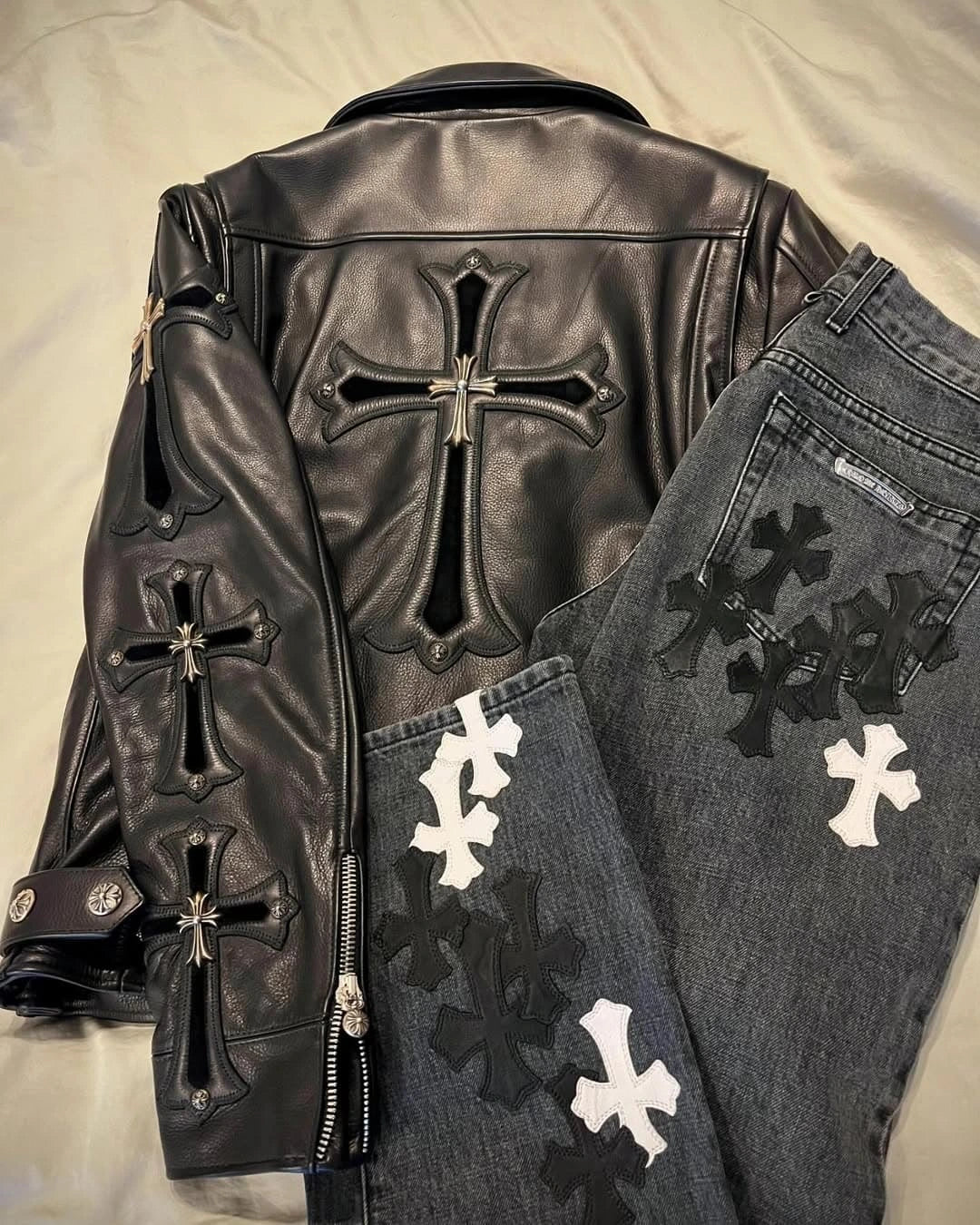 Gothic Cross Embellished Premium Leather Biker Jacket