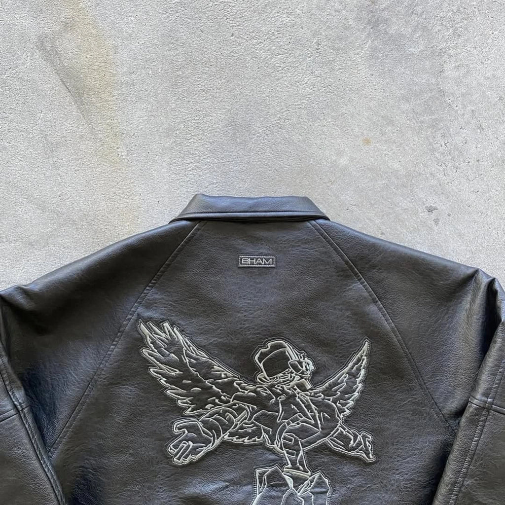 premium, streetwear-focused leather bomber jacket