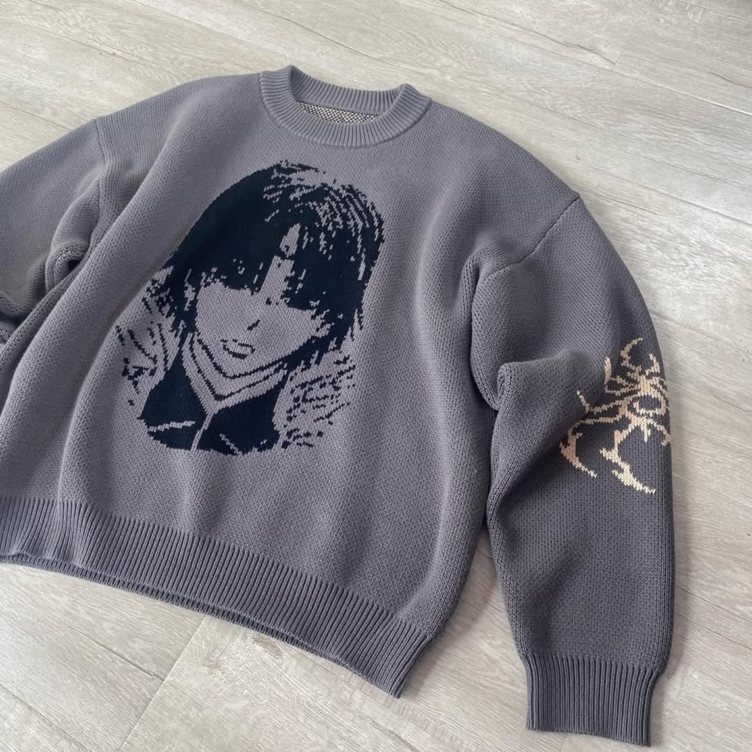 Anime-inspired knit crewneck sweater