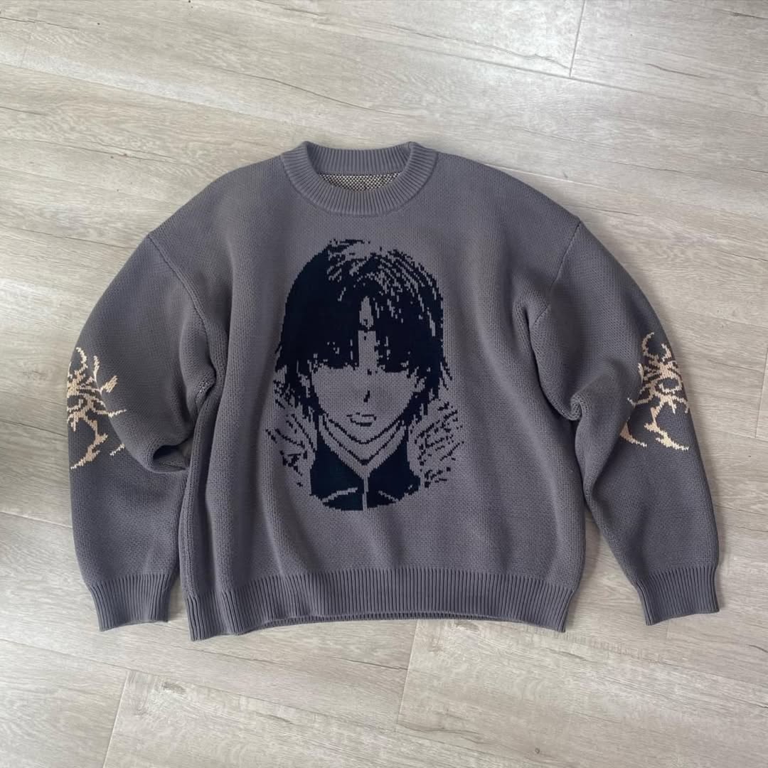 Anime-inspired knit crewneck sweater