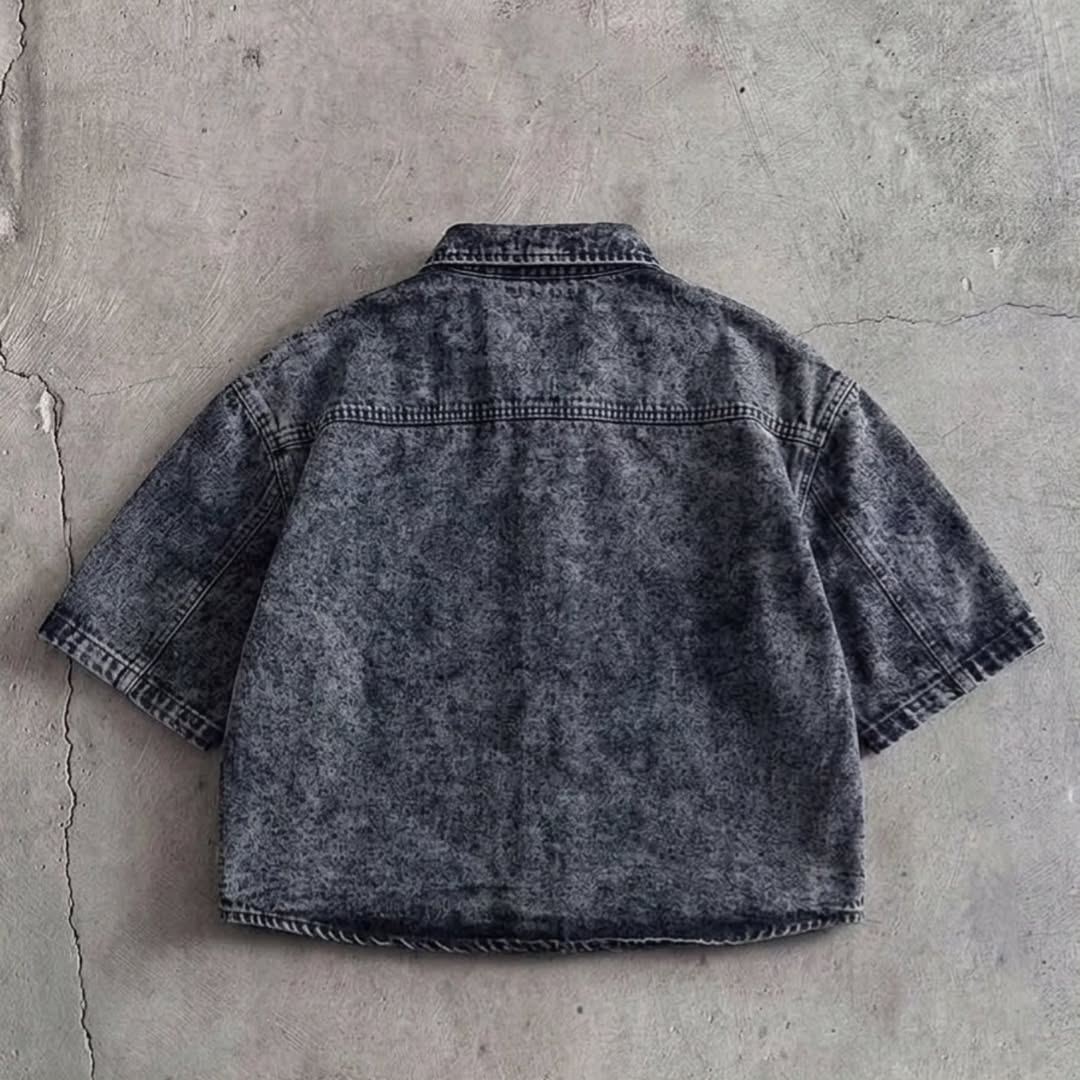 heavyweight, short-sleeved denim button-up shirt