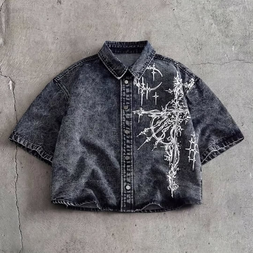 heavyweight, short-sleeved denim button-up shirt