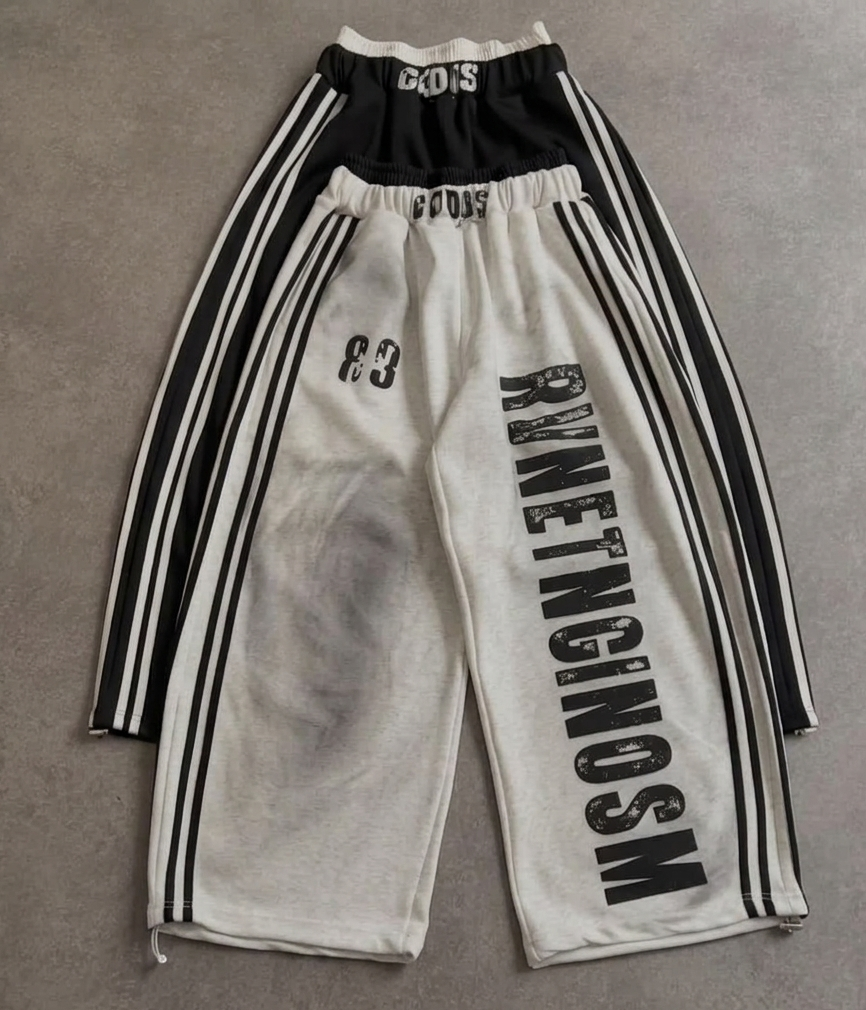 Slate Grey "Graphic Collage" Trousers, Black "Inverted Athletic" Trousers