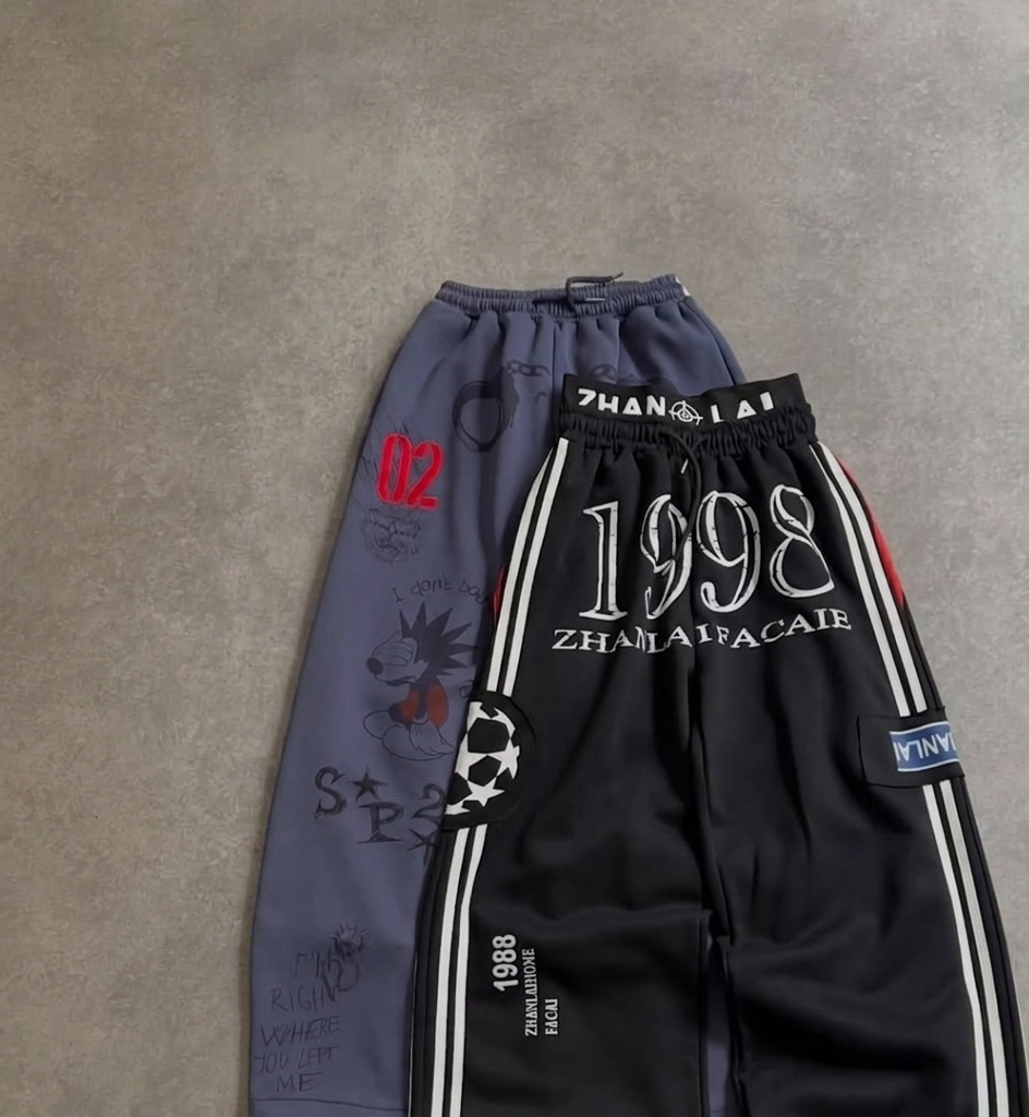 The "Graffiti Collage" Wide-Leg (Slate Blue) ,The "Euro-Sport 1998" Trousers (Matte Black)