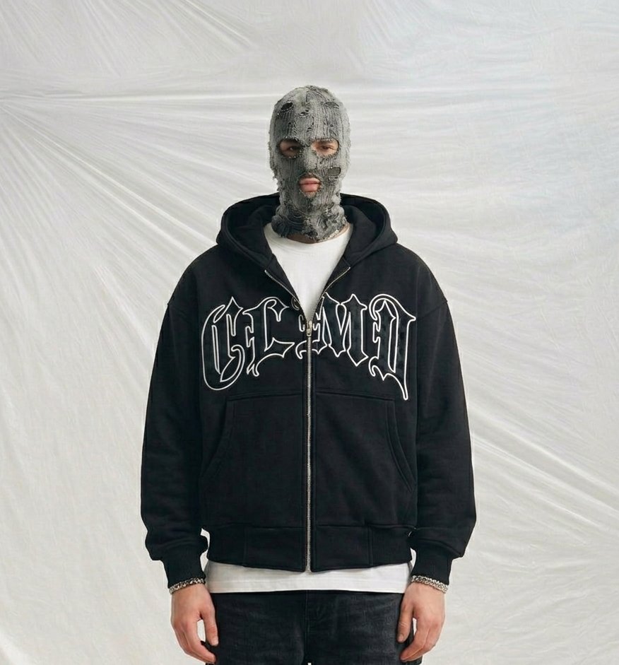 boxy-fit, black zip-up hoodie featuring Gothic/Old English style lettering