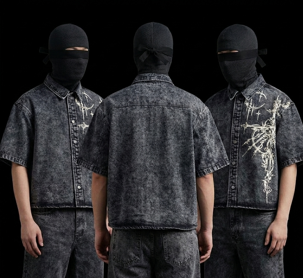 heavyweight, short-sleeved denim button-up shirt