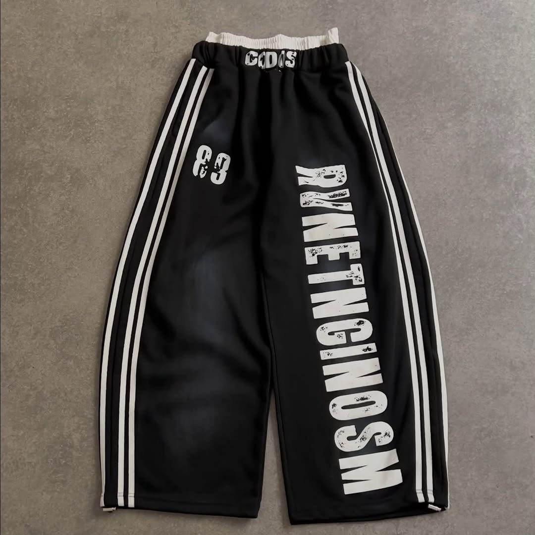 Slate Grey "Graphic Collage" Trousers, Black "Inverted Athletic" Trousers