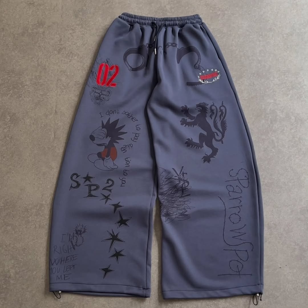 The "Graffiti Collage" Wide-Leg (Slate Blue) ,The "Euro-Sport 1998" Trousers (Matte Black)